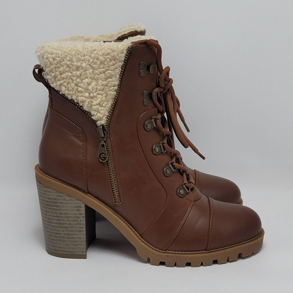 GBG By Guess Jesera Lace Up Ankle Boots Sherpa Fleece Lined Heeled Booties 10M